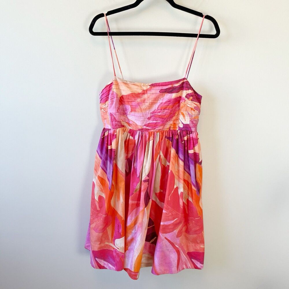 H&M Leaf Print Babydoll Mini Dress Pink Multi 100% Organic Cotton Medium NWT’s - Picture 8 of 16